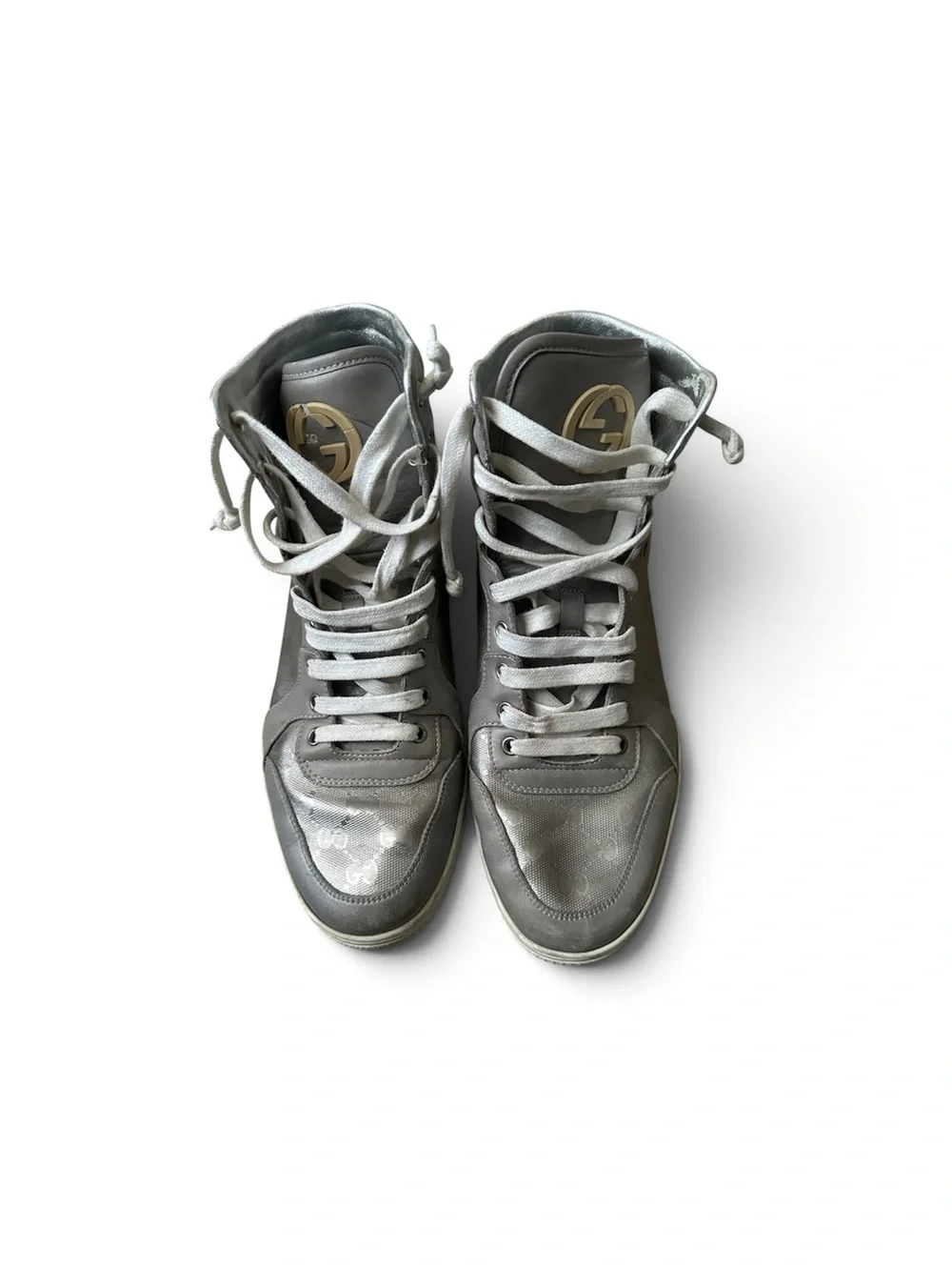 Gucci Metallic Gray High-Top Sneakers with Gold Logo